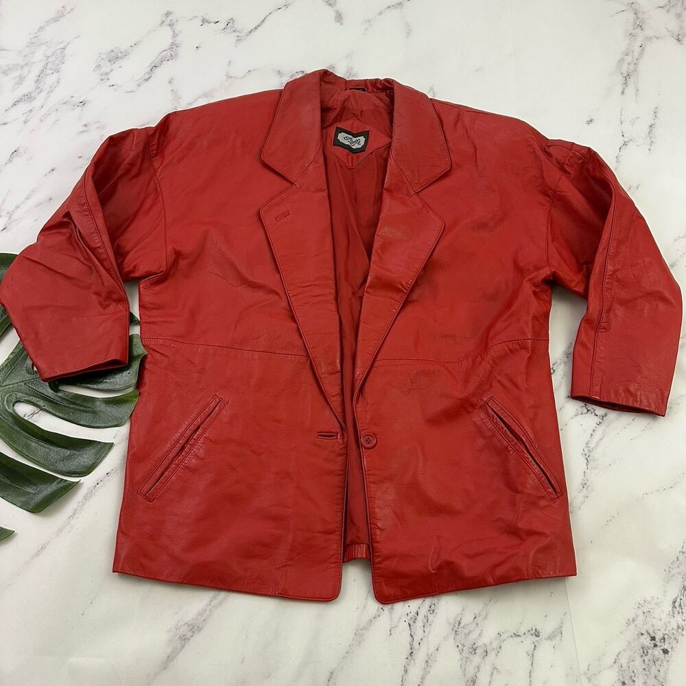 Toffs Womens Vintage 80s Leather Jacket Size M Red Oversize Blazer